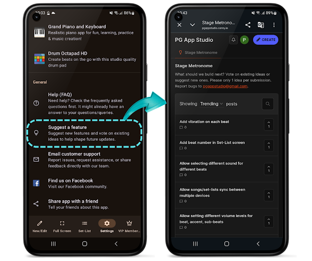How to open Suggest a Feature in Stage Metronome